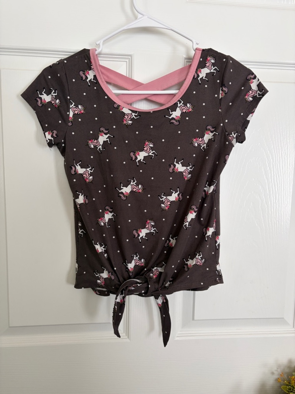 Girls' Brown Unicorn Tie-Front Tee with Pink Trim